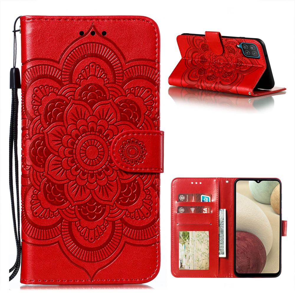 Imprint Mandala Flower Stand for Samsung Galaxy A12 Leather Case - Red-1