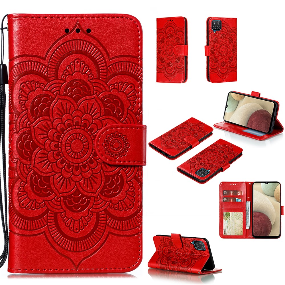 Imprint Mandala Flower Stand for Samsung Galaxy A12 Leather Case - Red-11