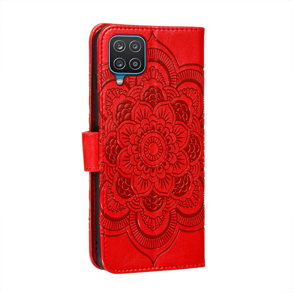 Imprint Mandala Flower Stand for Samsung Galaxy A12 Leather Case - Red-3