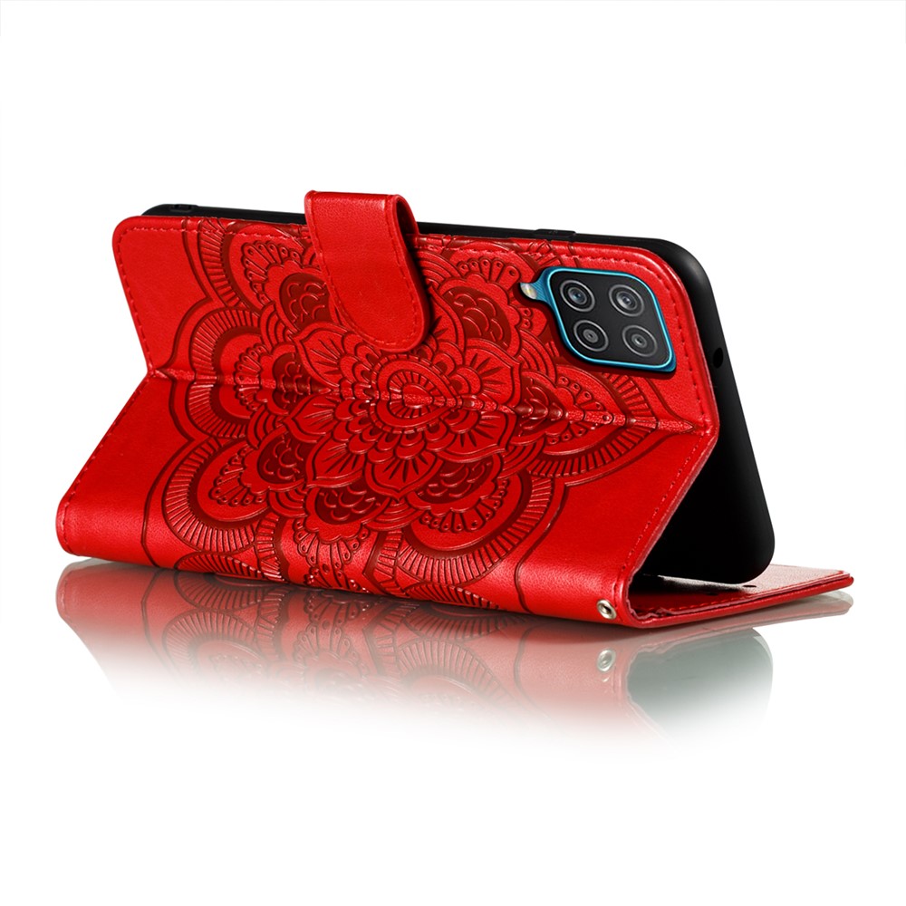 Imprint Mandala Flower Stand for Samsung Galaxy A12 Leather Case - Red-5