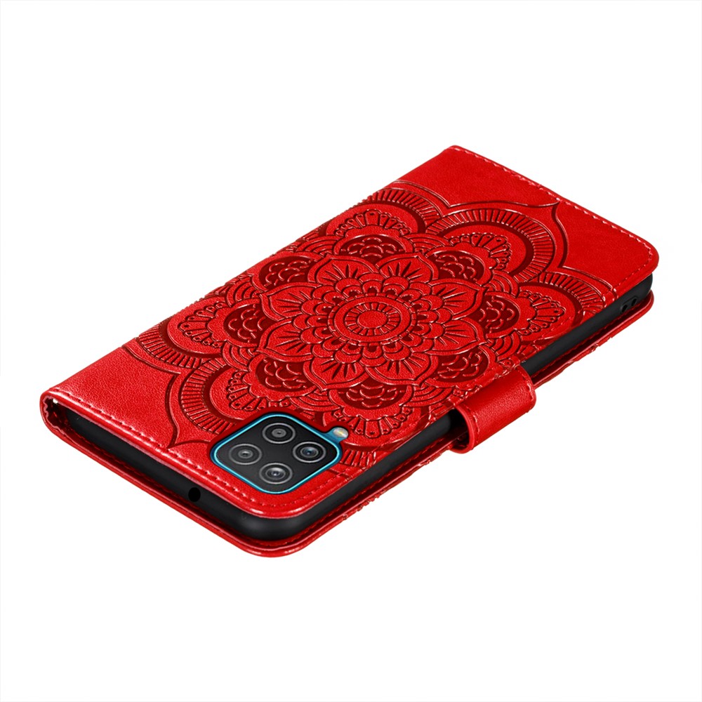 Imprint Mandala Flower Stand for Samsung Galaxy A12 Leather Case - Red-8