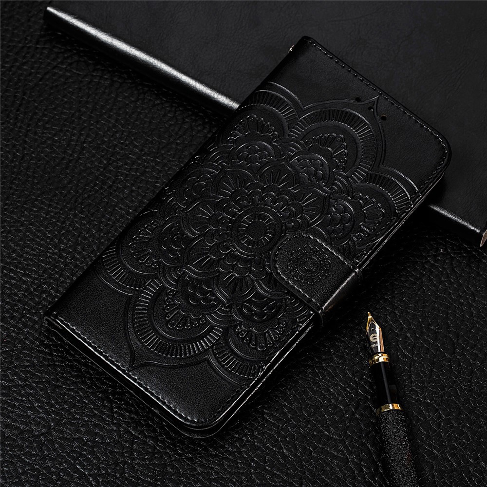 Imprint Mandala Flor Stand Para Samsung Galaxy A12 Caso De Couro - Preto-10