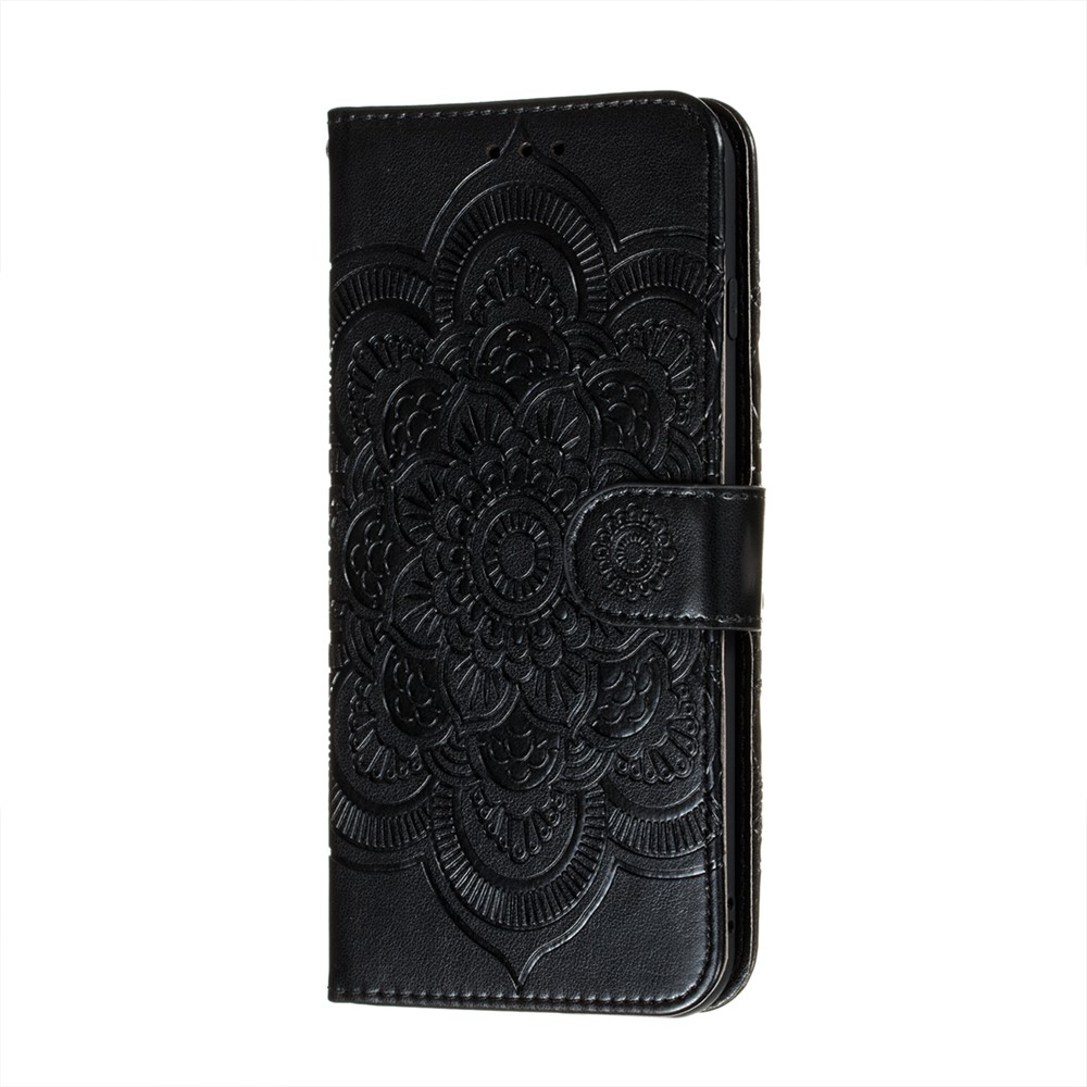 Imprint Mandala Flower Stand for Samsung Galaxy A12 Leather Case - Black-2