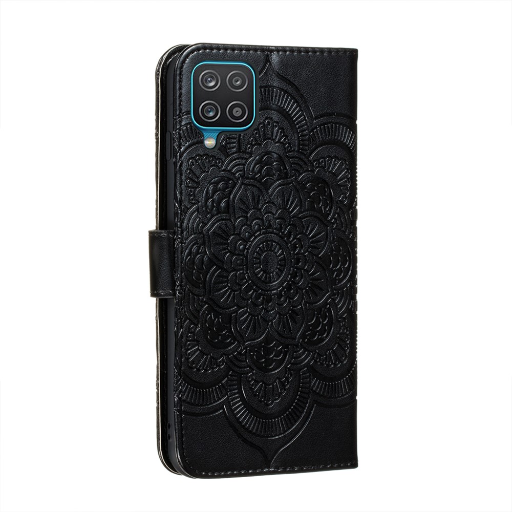 Imprint Mandala Flor Stand Para Samsung Galaxy A12 Caso De Couro - Preto-3