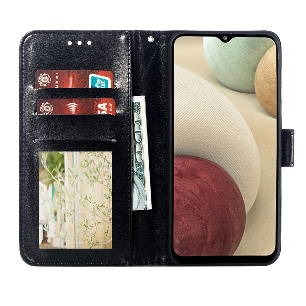 Imprint Mandala Flower Stand for Samsung Galaxy A12 Leather Case - Black-4