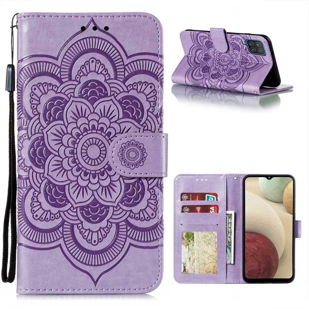 Imprint Mandala Flower Stand for Samsung Galaxy A12 Leather Case - Purple-1