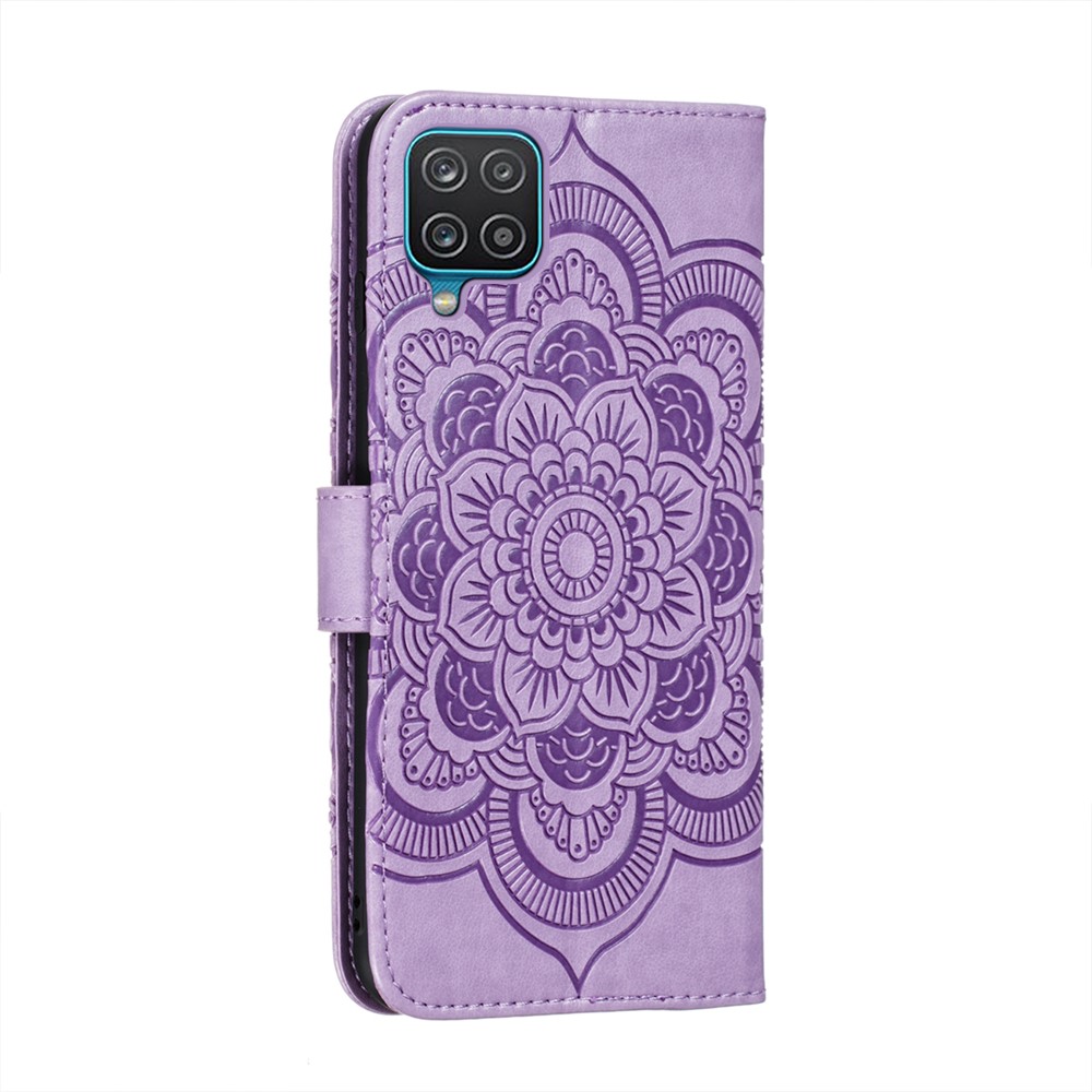 Imprint Mandala Flower Stand for Samsung Galaxy A12 Leather Case - Purple-3