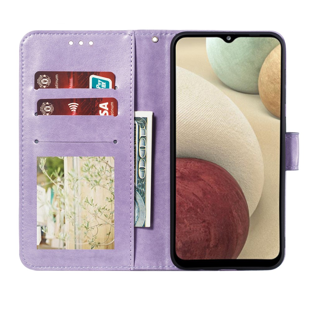 Imprint Mandala Flower Stand for Samsung Galaxy A12 Leather Case - Purple-4
