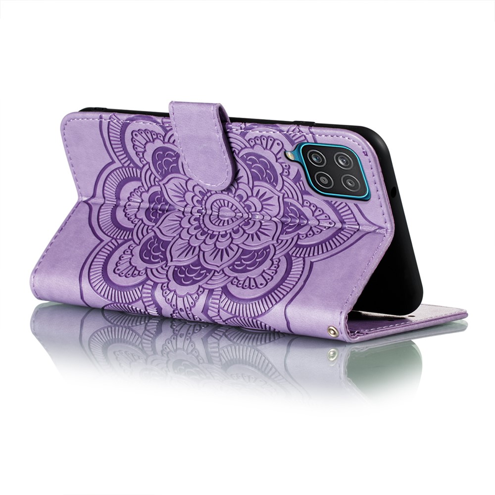 Imprint Mandala Flower Stand for Samsung Galaxy A12 Leather Case - Purple-5