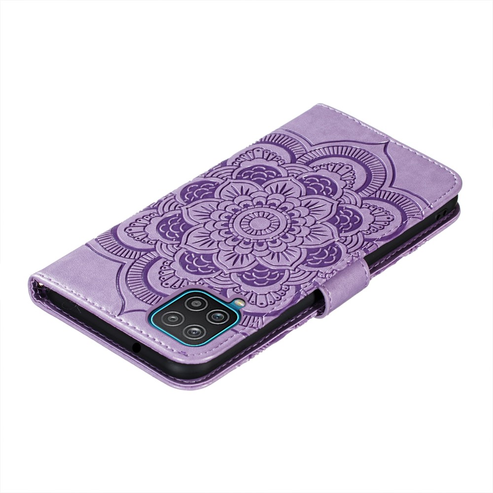 Imprint Mandala Flower Stand for Samsung Galaxy A12 Leather Case - Purple-8