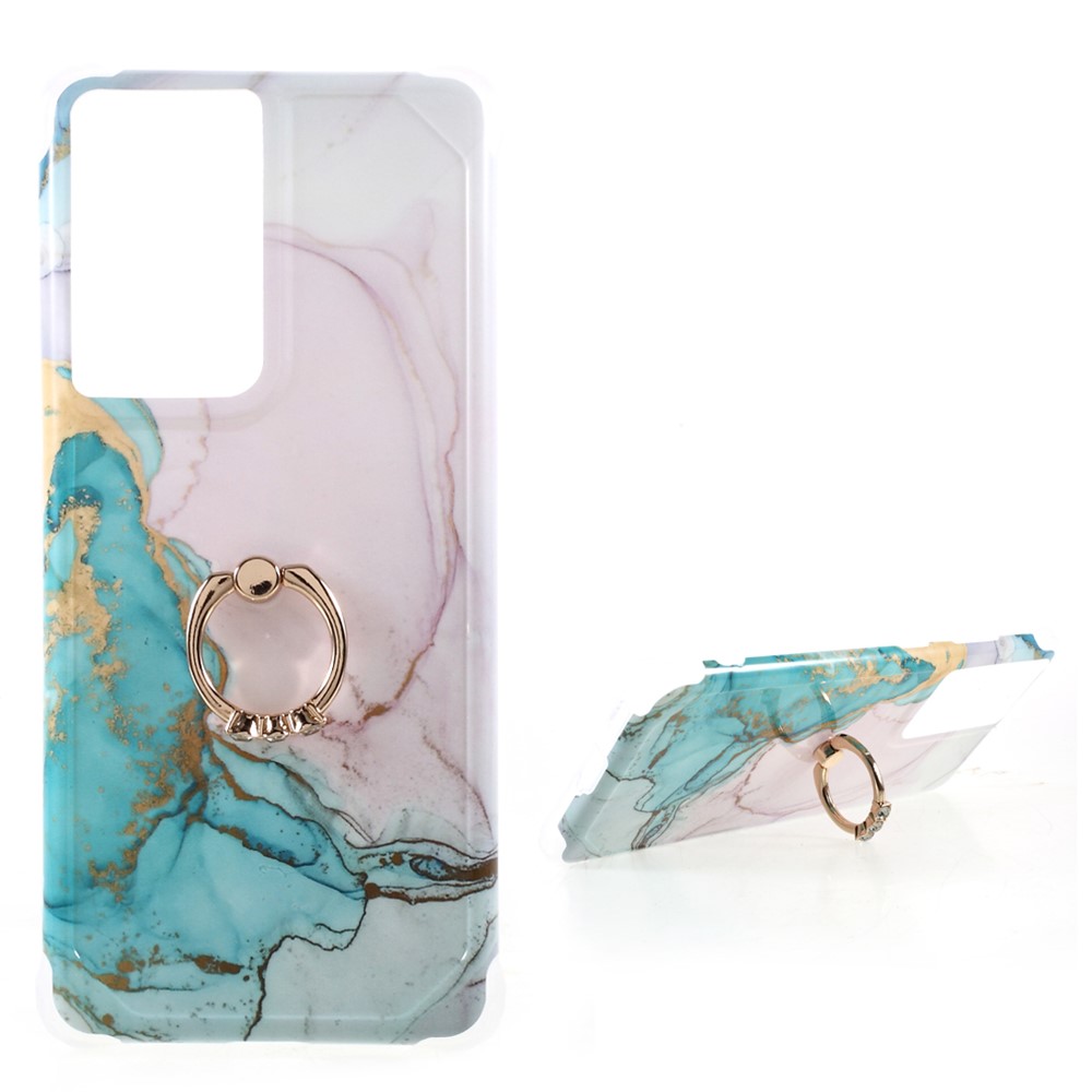 IMD Marble Pattern Four-corner Cushion TPU Cover with Kickstand Design for Samsung Galaxy S21 Ultra - Style A-1
