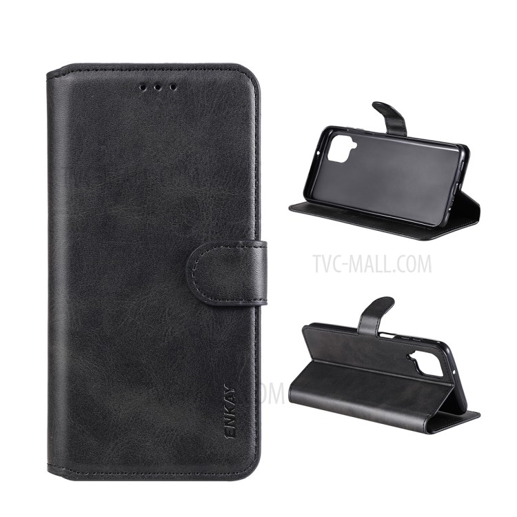 ENKAY PU Leather + TPU Protector for Samsung Galaxy A12 Wallet Stand Phone Shell - Black-1