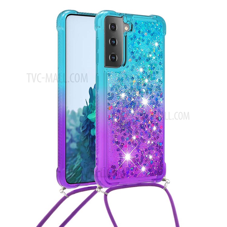 Gradient Glitter Squins Quicksand Shock-Absorbed TPU Cell Phone Shell with Strap for Samsung Galaxy S21 Plus 5G - Sky Blue/Purple-1