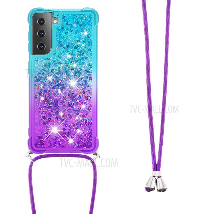 Gradient Glitter Squins Quicksand Shock-Absorbed TPU Cell Phone Shell with Strap for Samsung Galaxy S21 Plus 5G - Sky Blue/Purple-2