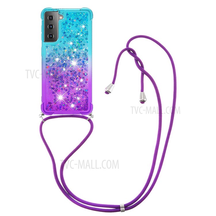 Gradient Glitter Squins Quicksand Shock-Absorbed TPU Cell Phone Shell with Strap for Samsung Galaxy S21 Plus 5G - Sky Blue/Purple-3