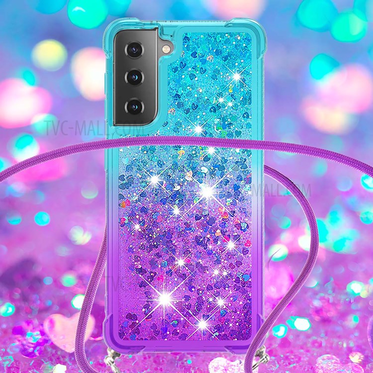 Gradient Glitter Squins Quicksand Shock-Absorbed TPU Cell Phone Shell with Strap for Samsung Galaxy S21 Plus 5G - Sky Blue/Purple-4