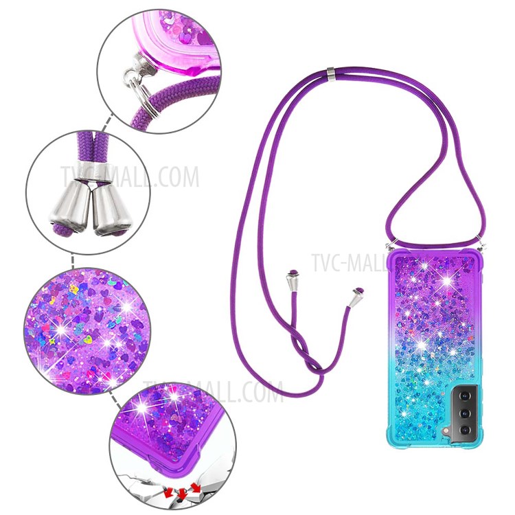Gradient Glitter Squins Quicksand Shock-Absorbed TPU Cell Phone Shell with Strap for Samsung Galaxy S21 Plus 5G - Sky Blue/Purple-5