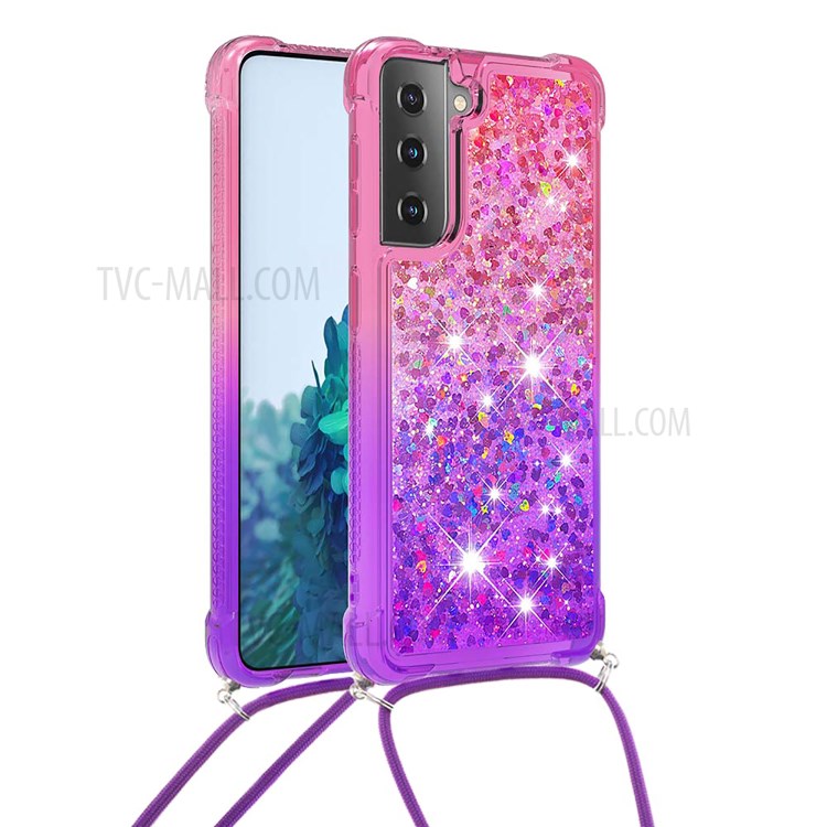 Gradient Glitter Squins Quicksand Shock-Absorbed TPU Cell Phone Shell with Strap for Samsung Galaxy S21 Plus 5G - Pink/Purple-1