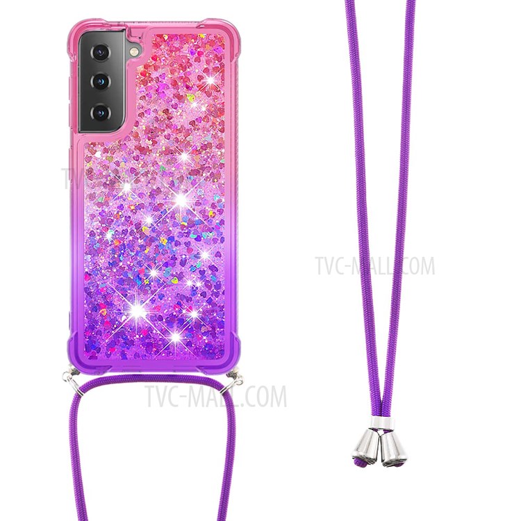 Gradient Glitter Squins Quicksand Shock-Absorbed TPU Cell Phone Shell with Strap for Samsung Galaxy S21 Plus 5G - Pink/Purple-2