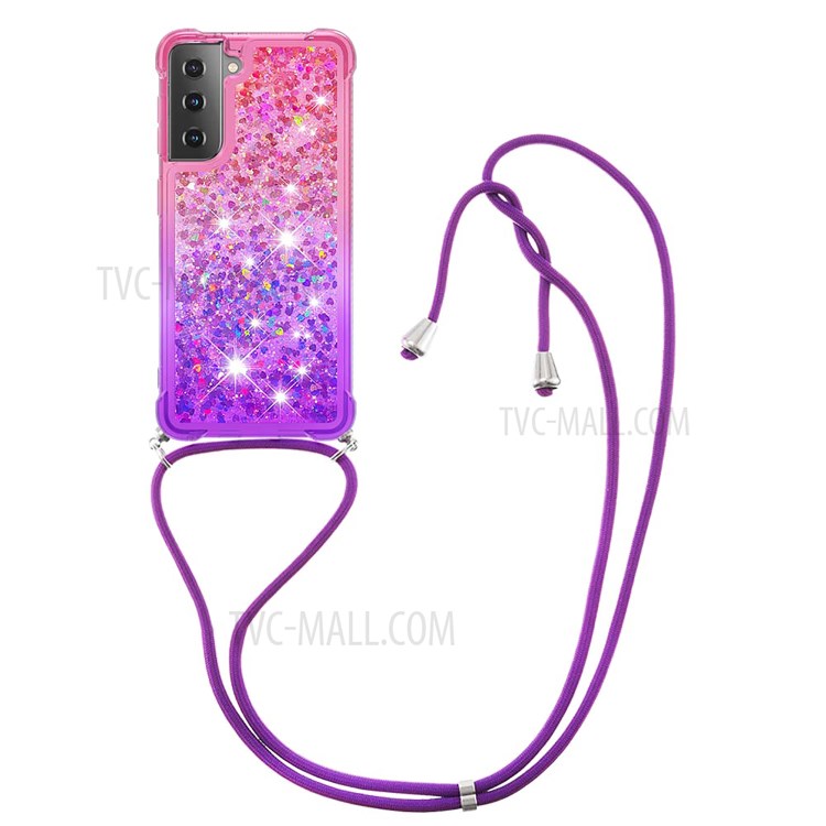 Gradient Glitter Squins Quicksand Shock-Absorbed TPU Cell Phone Shell with Strap for Samsung Galaxy S21 Plus 5G - Pink/Purple-3