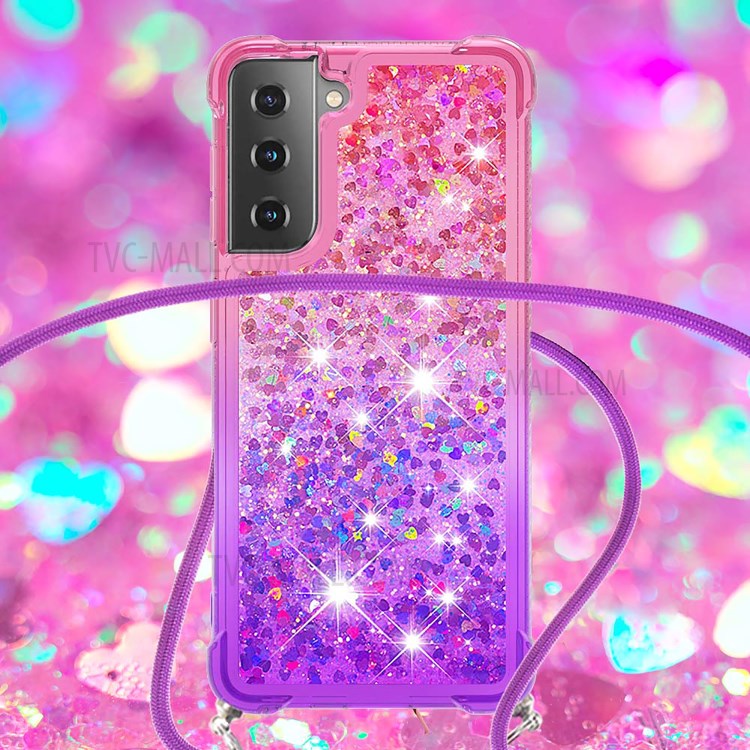 Gradient Glitter Squins Quicksand Shock-Absorbed TPU Cell Phone Shell with Strap for Samsung Galaxy S21 Plus 5G - Pink/Purple-4