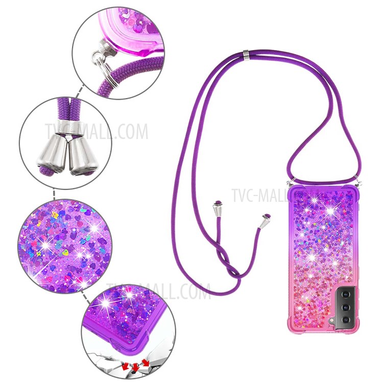 Gradient Glitter Squins Quicksand Shock-Absorbed TPU Cell Phone Shell with Strap for Samsung Galaxy S21 Plus 5G - Pink/Purple-5