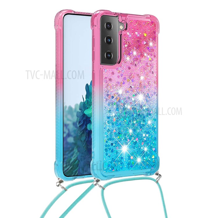 Gradient Glitter Squins Quicksand Shock-Absorbed TPU Cell Phone Shell with Strap for Samsung Galaxy S21 Plus 5G - Pink/Sky Blue-1