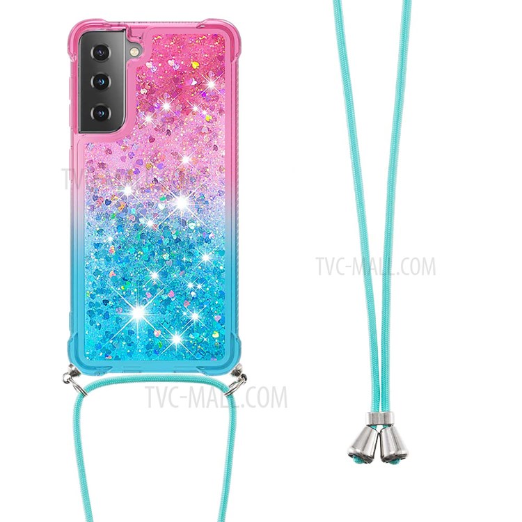 Gradient Glitter Squins Quicksand Shock-Absorbed TPU Cell Phone Shell with Strap for Samsung Galaxy S21 Plus 5G - Pink/Sky Blue-2