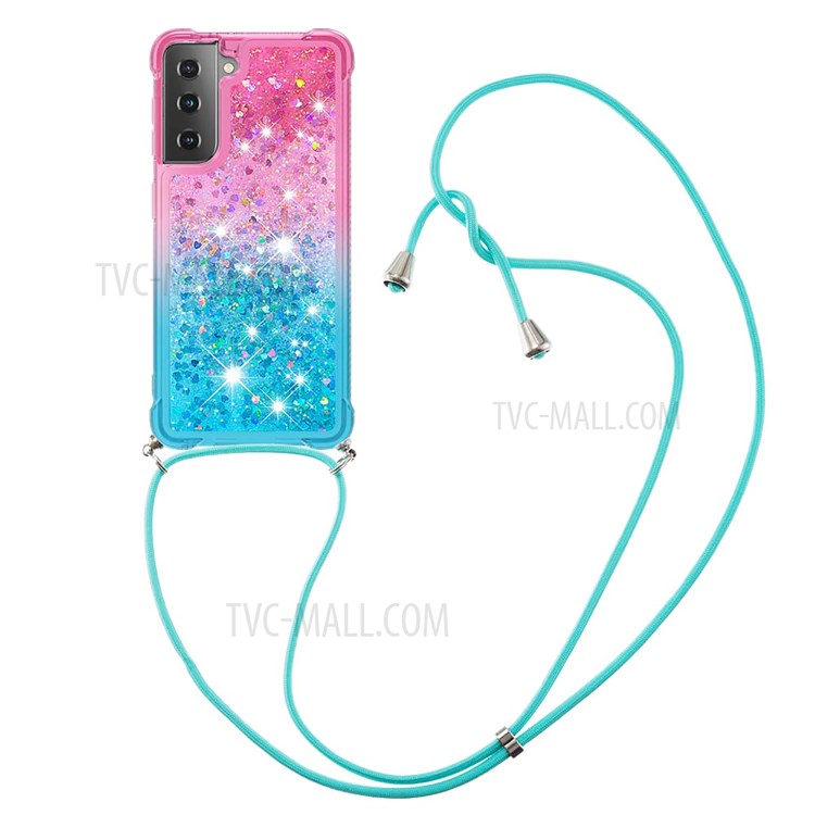 Gradient Glitter Squins Quicksand Shock-Absorbed TPU Cell Phone Shell with Strap for Samsung Galaxy S21 Plus 5G - Pink/Sky Blue-3