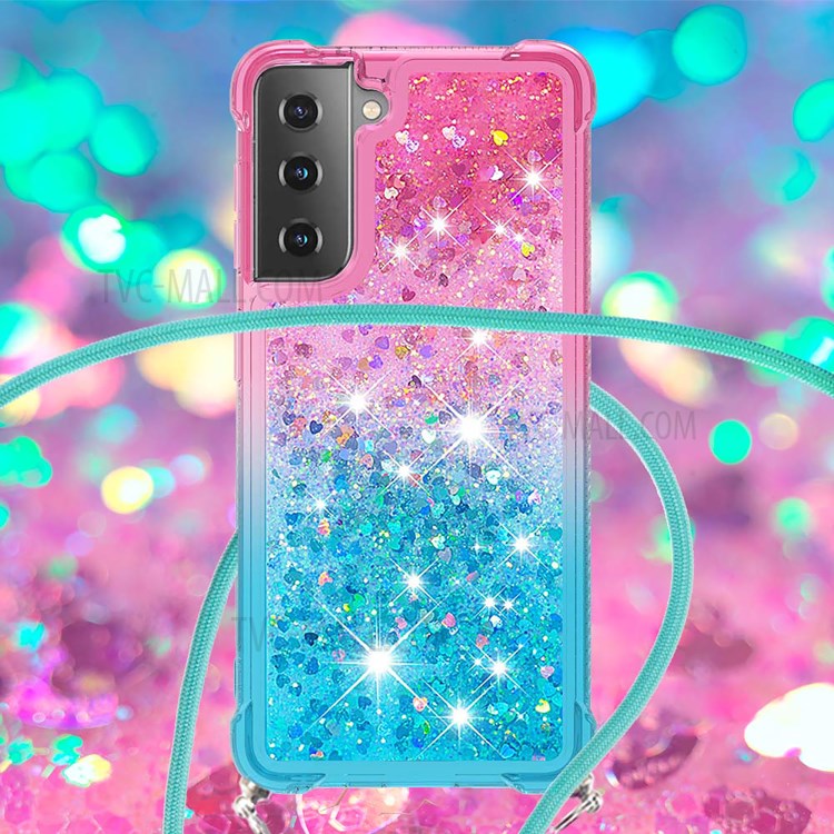 Gradient Glitter Squins Quicksand Shock-Absorbed TPU Cell Phone Shell with Strap for Samsung Galaxy S21 Plus 5G - Pink/Sky Blue-4
