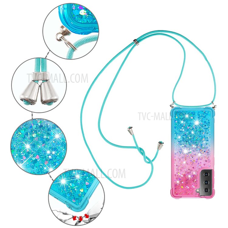 Gradient Glitter Squins Quicksand Shock-Absorbed TPU Cell Phone Shell with Strap for Samsung Galaxy S21 Plus 5G - Pink/Sky Blue-5