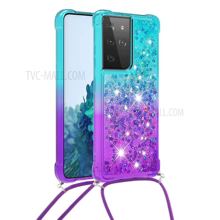 Gradient Glitter Sequins Quicksand Design Shockproof TPU Cell Phone Shell with Strap for Samsung Galaxy S21 Ultra 5G - Sky Blue/Purple-1
