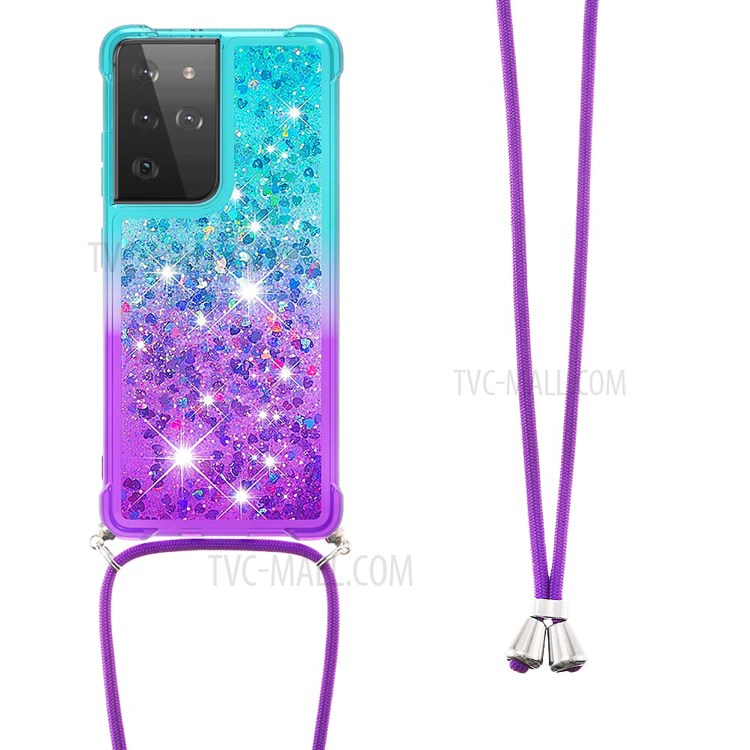 Gradient Glitter Sequins Quicksand Design Shockproof TPU Cell Phone Shell with Strap for Samsung Galaxy S21 Ultra 5G - Sky Blue/Purple-2