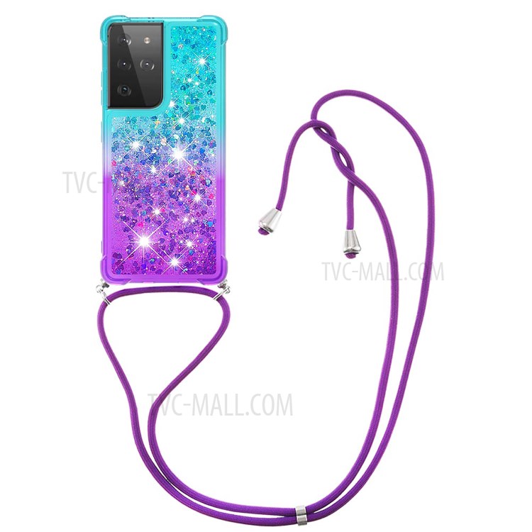 Gradient Glitter Sequins Quicksand Design Shockproof TPU Cell Phone Shell with Strap for Samsung Galaxy S21 Ultra 5G - Sky Blue/Purple-3