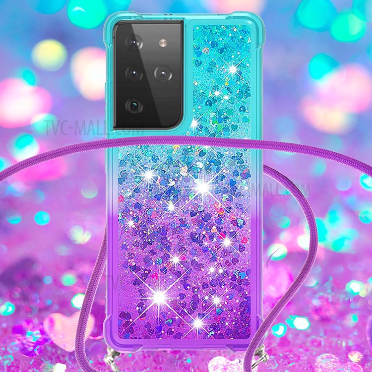 Gradient Glitter Sequins Quicksand Design Shockproof TPU Cell Phone Shell with Strap for Samsung Galaxy S21 Ultra 5G - Sky Blue/Purple-4
