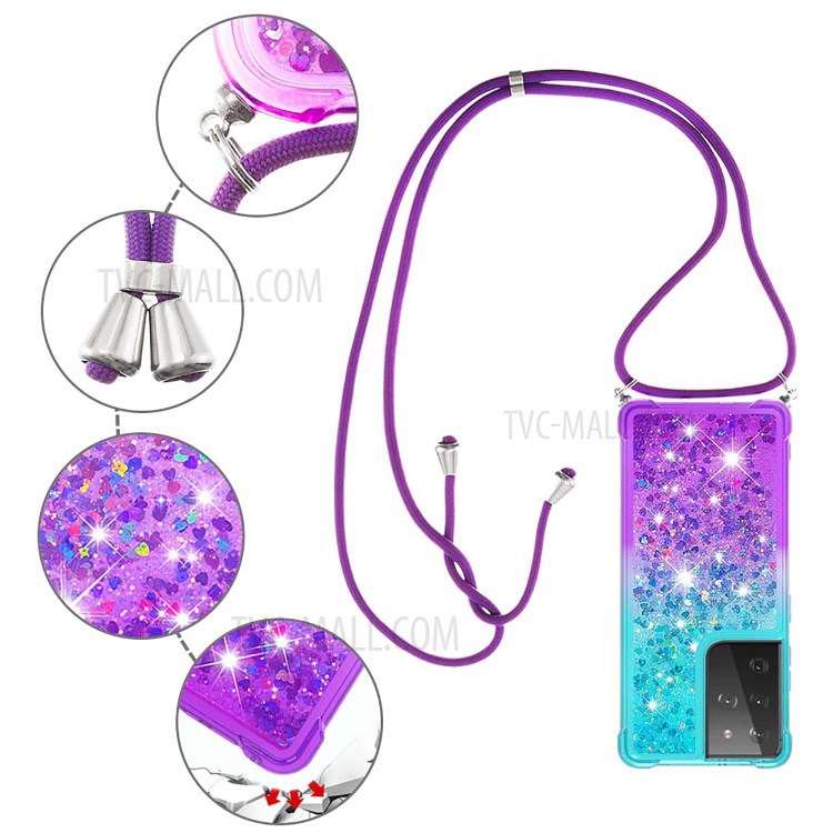 Gradient Glitter Sequins Quicksand Design Shockproof TPU Cell Phone Shell with Strap for Samsung Galaxy S21 Ultra 5G - Sky Blue/Purple-5