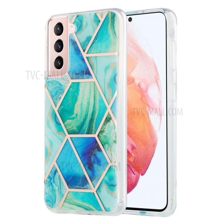 Marble Pattern Electroplating IML IMD 2.0mm TPU Phone Protective Shell Cover for Samsung Galaxy S21 5G - Green/Blue-1