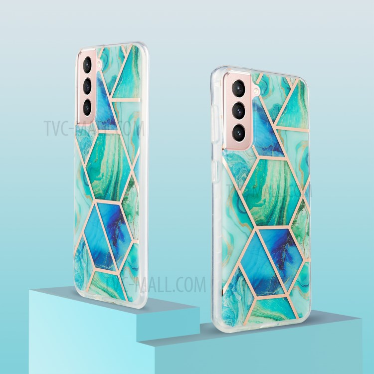 Marble Pattern Electroplating IML IMD 2.0mm TPU Phone Protective Shell Cover for Samsung Galaxy S21 5G - Green/Blue-2