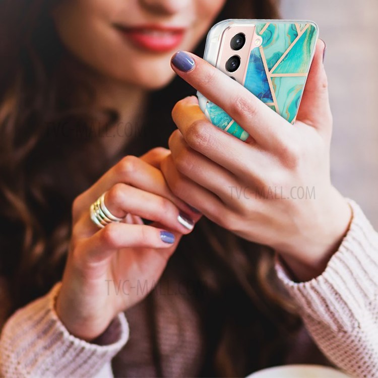 Marble Pattern Electroplating IML IMD 2.0mm TPU Phone Protective Shell Cover for Samsung Galaxy S21 5G - Green/Blue-3