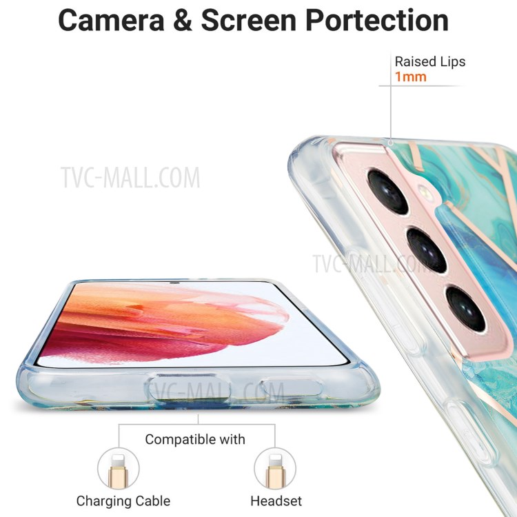 Marble Pattern Electroplating IML IMD 2.0mm TPU Phone Protective Shell Cover for Samsung Galaxy S21 5G - Green/Blue-5