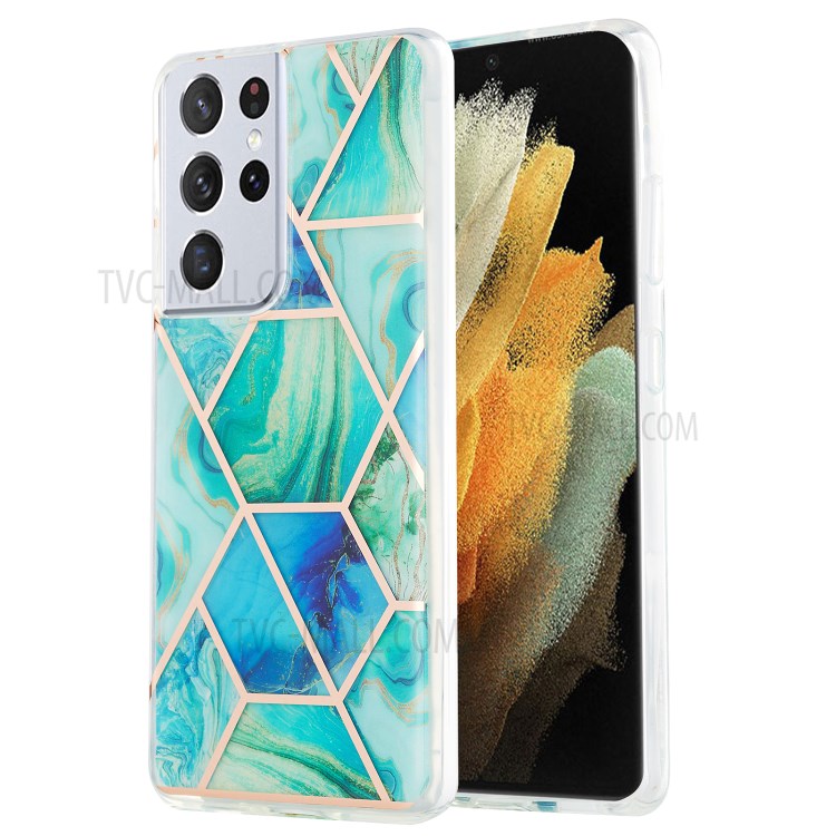 2.0mm Electroplating IMD Marble Pattern Splicing TPU Protector Cover for Samsung Galaxy S21 Ultra - Blue/Green-1