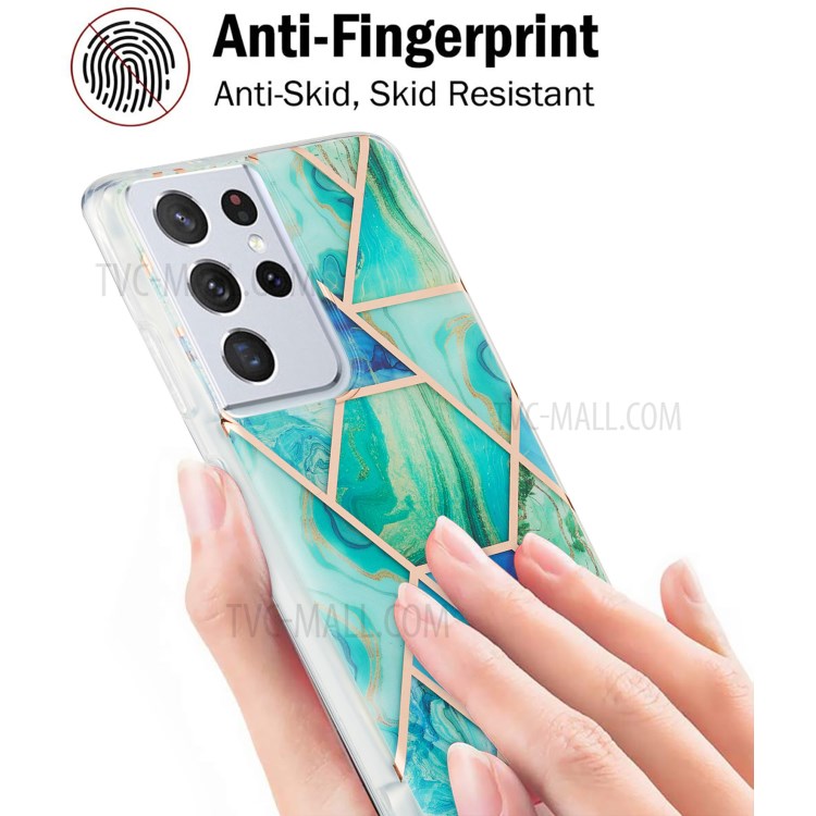 2.0mm Electroplating IMD Marble Pattern Splicing TPU Protector Cover for Samsung Galaxy S21 Ultra - Blue/Green-3