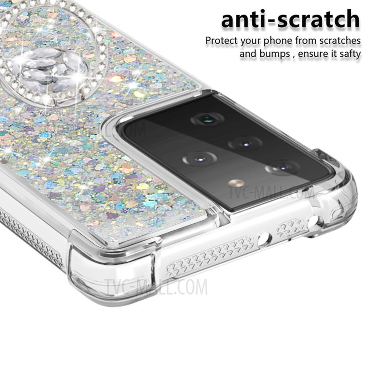 Shockproof Quicksand Kickstand Soft TPU Phone Shell for Samsung Galaxy S21 Ultra 5G - Light Green-4