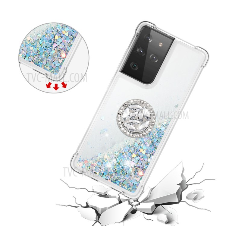 Shockproof Quicksand Kickstand Soft TPU Phone Shell for Samsung Galaxy S21 Ultra 5G - Light Green-5