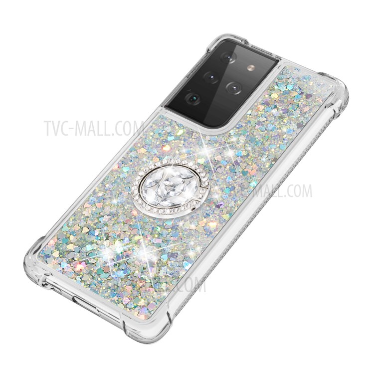 Shockproof Quicksand Kickstand Soft TPU Phone Shell for Samsung Galaxy S21 Ultra 5G - Light Green-6
