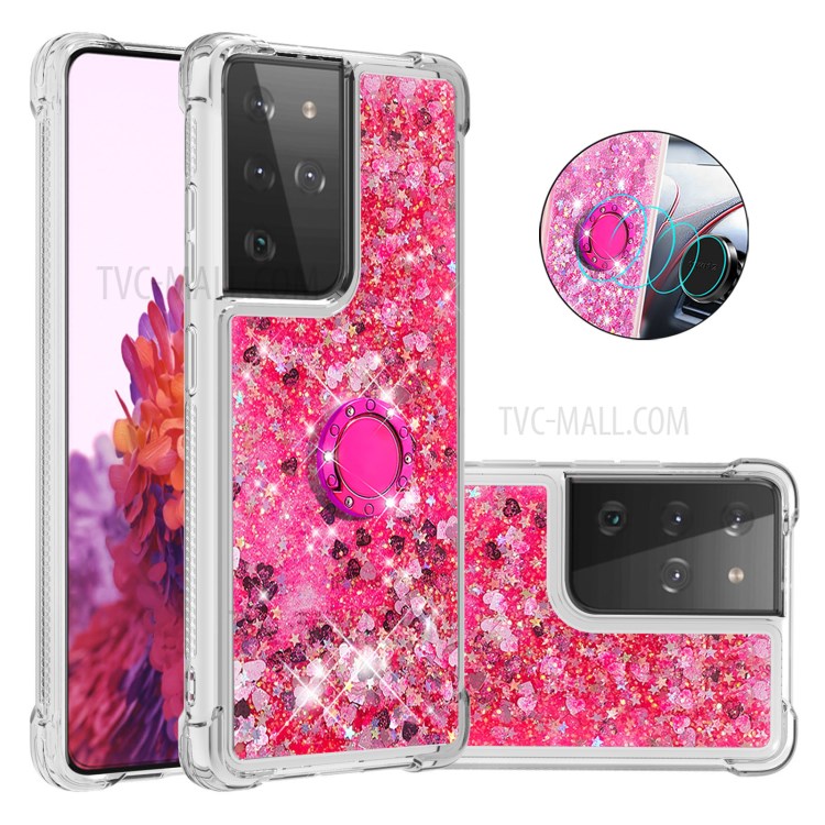 Shockproof Quicksand Kickstand Soft TPU Phone Shell for Samsung Galaxy S21 Ultra 5G - Rose-1