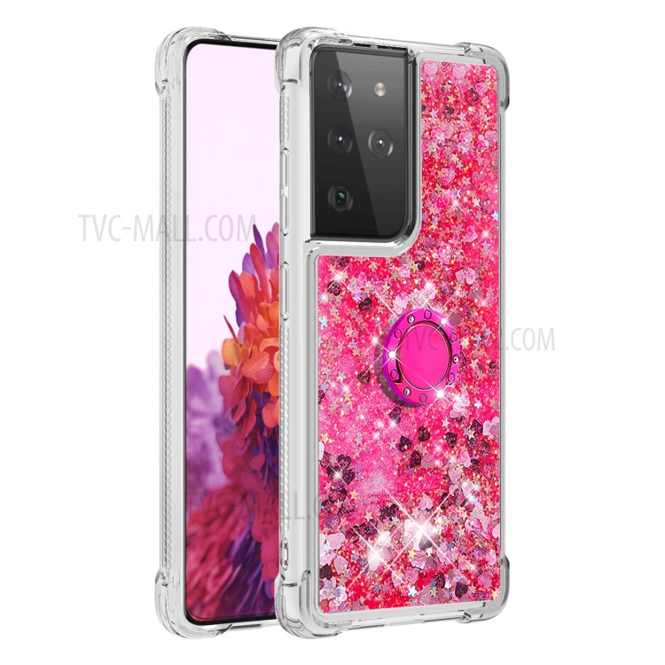 Shockproof Quicksand Kickstand Soft TPU Phone Shell for Samsung Galaxy S21 Ultra 5G - Rose-3