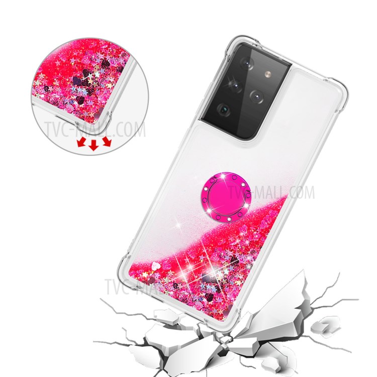 Shockproof Quicksand Kickstand Soft TPU Phone Shell for Samsung Galaxy S21 Ultra 5G - Rose-5