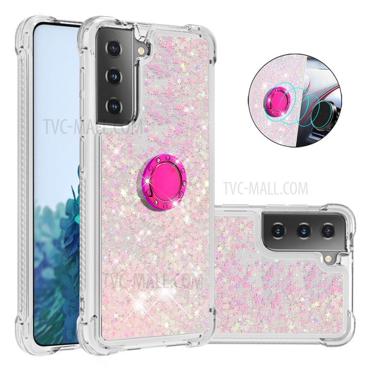 Anti-scratch Shockproof Quicksand Kickstand TPU Phone Shell for Samsung Galaxy S21+ 5G - Light Pink-1