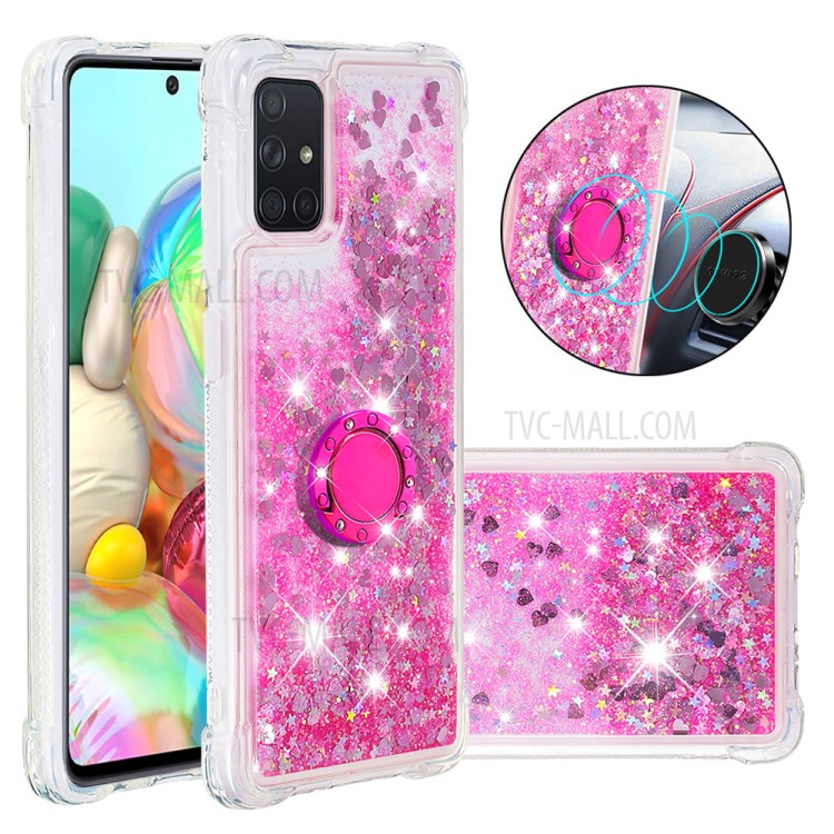 Shockproof Quicksand Ring Kickstand TPU Phone Shell for Samsung Galaxy A71 SM-A715 - Rose-1